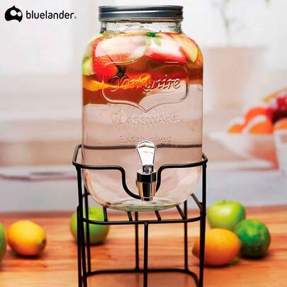 Bluelander Vitrolero De Vidrio, Vitrolero Dispensador De Agua Con Base Hierro, Capacidad de 8 Litros, Tapa Antifugas, Bebidas Frías, Dispensador, para Reuniones, Eventos, Fiestas (Sencillo)