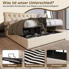 (=767778AAN) Polsterbett idraulico 140x200cm,Verstellbares Kopfteil Doppelbett, Bett mit Lattenrost aus Metallrahmen, Modernes Bettgestell mit Stauraum, Natürlich,Ohne Matratze