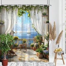 1PCS Coastal Scenery Shower Curtain Ocean View With Sailboats And Greenery Beautiful Outdoor Landscape Bathroom Decor Polyester Fabric Bath Curtain 70.8x70.8 Inch With 12 Hooks - 彩色 - 查看 6
