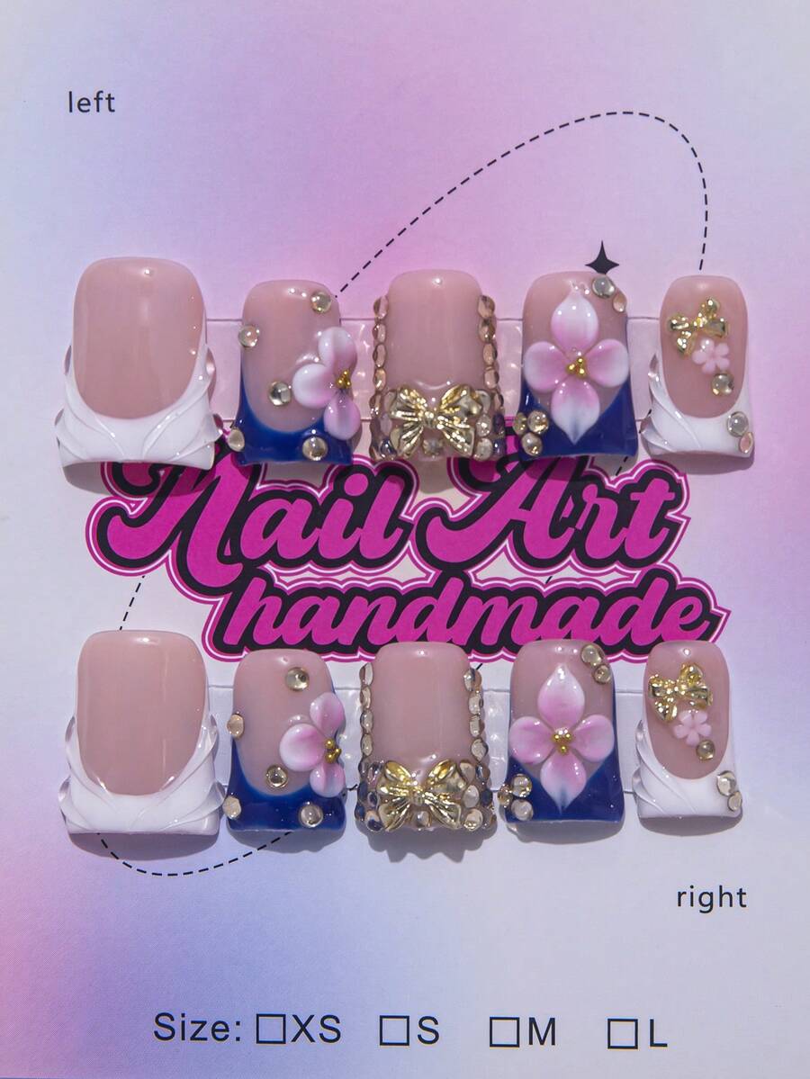 10片/套 手工鸭嘴美甲贴片，Y2K 酷炫风格，裸色和蓝色法式边，花卉图案，闪粉美甲，适合派对、婚礼、日常佩戴，包含美甲工具，是送给女性和女孩的绝佳礼物，美甲用品 - Follow Your Heart - 查看 1