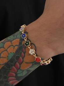 1pc Fashionable Colorful Four-Leaf Clover Copper Zirconia Bracelet For Men, Punk Hip-Hop Men's Bracelet, Suitable For Daily Wear - Bracelet - View 15