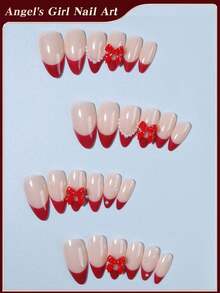 Discover The Magic Of Nail Couture ,24pcs Almond Red French Tip Press On Nails ,Pearls And Bows Trim Design, Easy To Wear Acrylic False Nail Set,Red Nails,Contain 1pc Jelly Glue And 1pc Nail File, Suitable For Women And Girls Daily Life And All Kinds Of Party Use