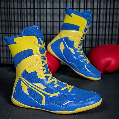 Zapatos de lucha profesional para hombres, zapatos de entrenamiento de competición de caña alta, zapatos de lucha y botas de fitness, zapatos deportivos de patchwork de colores, material de cuero sintético y malla, zapatos de entrenamiento de boxeo antideslizantes para interiores, adecuados para todas las estaciones, talla: 39-48
