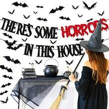 26 PCS There's Some Horrors In This House Decorations Halloween Banner Bats Wall Decor Horrible Theme For Boy Girl Party Supplies Black And Red Glitter