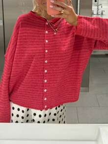 Womens Striped Cardigan Sweater Casual Crew Neck Open Front Button Down Long Sleeve Knit Sweaters Fall Outerwear - Dưa hấu đỏ - Xem 2