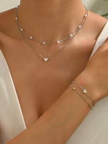 2pcs Necklace + 1pc Double Layer Bracelet, Elegant Minimalist Faux Pearl Heart Chain Necklace & Bracelet Jewelry Set, Great Gift Choice For Women, Suitable For Daily, Party, Wedding Dress Matching