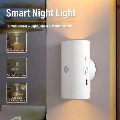 Luz nocturna LED recargable con sensor de movimiento y 3 modos de iluminación - Lámpara de pared adecuada para entrada, mesita de noche, escritorio, armario y talla grande