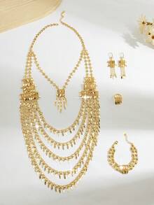 Set de bijuterii retro de lux Mgyi, din cupru auriu, la modă și de înaltă calitate, pentru femei, colier, cercei, brățară, inel elegant placat cu aur de 18K, design pătrat de lux, potrivit pentru Nigeria, Dubai, Orientul Mijlociu, Arabia Saudită, nuntă, purtare zilnică, cadou de aniversare a nunții, cadou de Halloween pentru prieteni - Aur B - Vizualizare 3