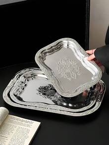 1 件复古不锈钢托盘，高品质法式浮雕蛋糕盘，家用桌面储物盘 - 銀色 - 查看 6