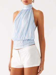 Women's Halter Pleated Chiffon Tank Top Sleeveless Neckline Tie-Up Open Back Tie Casual Blouses 2025 Summer Tops - 藍色 - 查看 2
