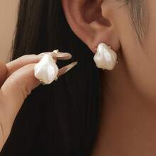 1 par de pendientes vintage asimétricos de perla barroca - Blanco - Ver 1