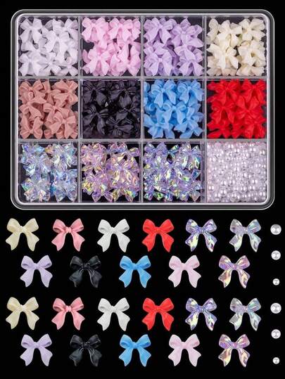 500 piezas Conjunto de decoraciones de arte de uñas con moños, 11 colores, decoración de moños brillantes y lindos, joyería para uñas y perlas falsas blancas de media ronda de 2-4 mm, para manualidades de arte de uñas DIY