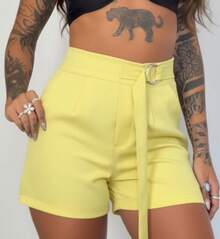 Women's Tailored Shorts With Ties - Yellow - View 2