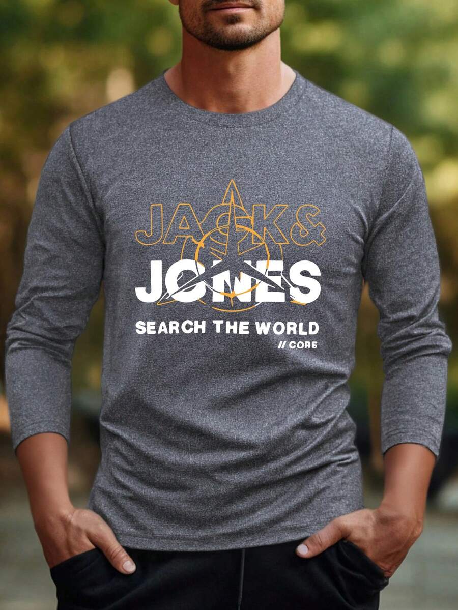 Áo thun nam dài tay dáng rộng, chất liệu nhẹ, in chữ cá tính, thích hợp mặc thường ngày, thể thao, dã ngoại, làm quà tặng cho chồng hoặc bạn trai, phù hợp đi phố, đi làm, dã ngoại, nghỉ lễ. - Màu xám đen - Xem 1