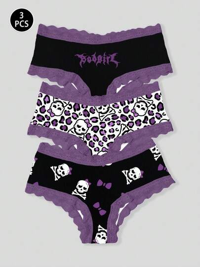 3件套豹纹、骷髅和字母印花蕾丝拼接女士低腰内裤