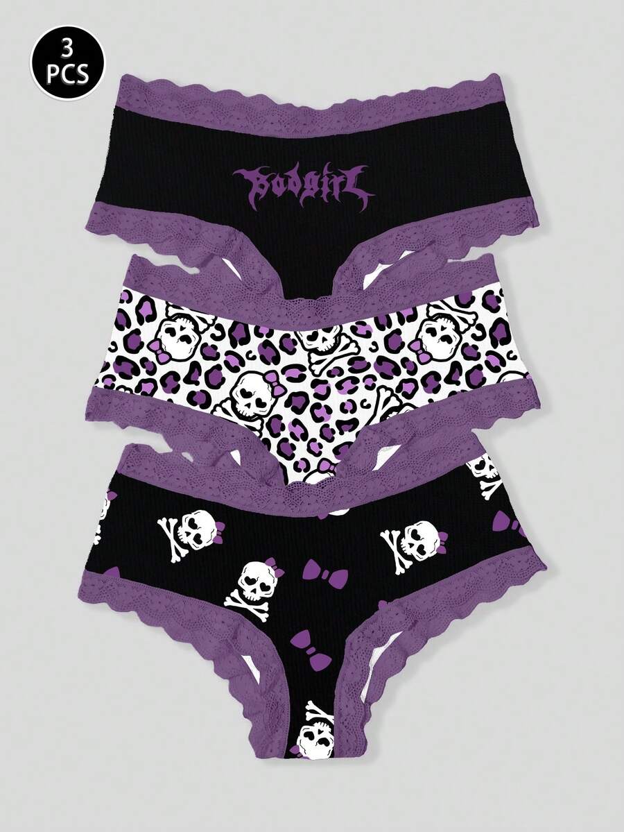 3件套豹纹、骷髅和字母印花蕾丝拼接女士低腰内裤 - 紫色 - 查看 1