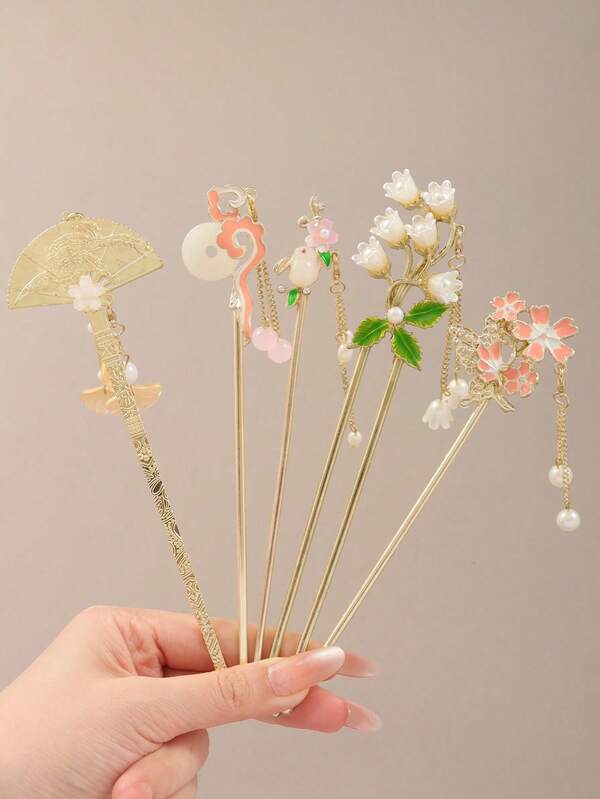 5 piezas/1 pieza Pasadores de cabello con conejo de jade, pasadores de cabello con mariposa, accesorios para el cabello con flor de nube propicia, minimalista y elegante, material de aleación, fácil de usar, hermoso regalo, extensión de moño