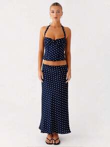 Women 2 Piece Skirt Set Black Polka Dot Sleeveless Halter Neck Crop Tank Top And Maxi Skirt Summer Sets For Women Elegant Two Piece Skirt Outfits For Women Party Club Going Out - Màu xanh lam - Xem 2