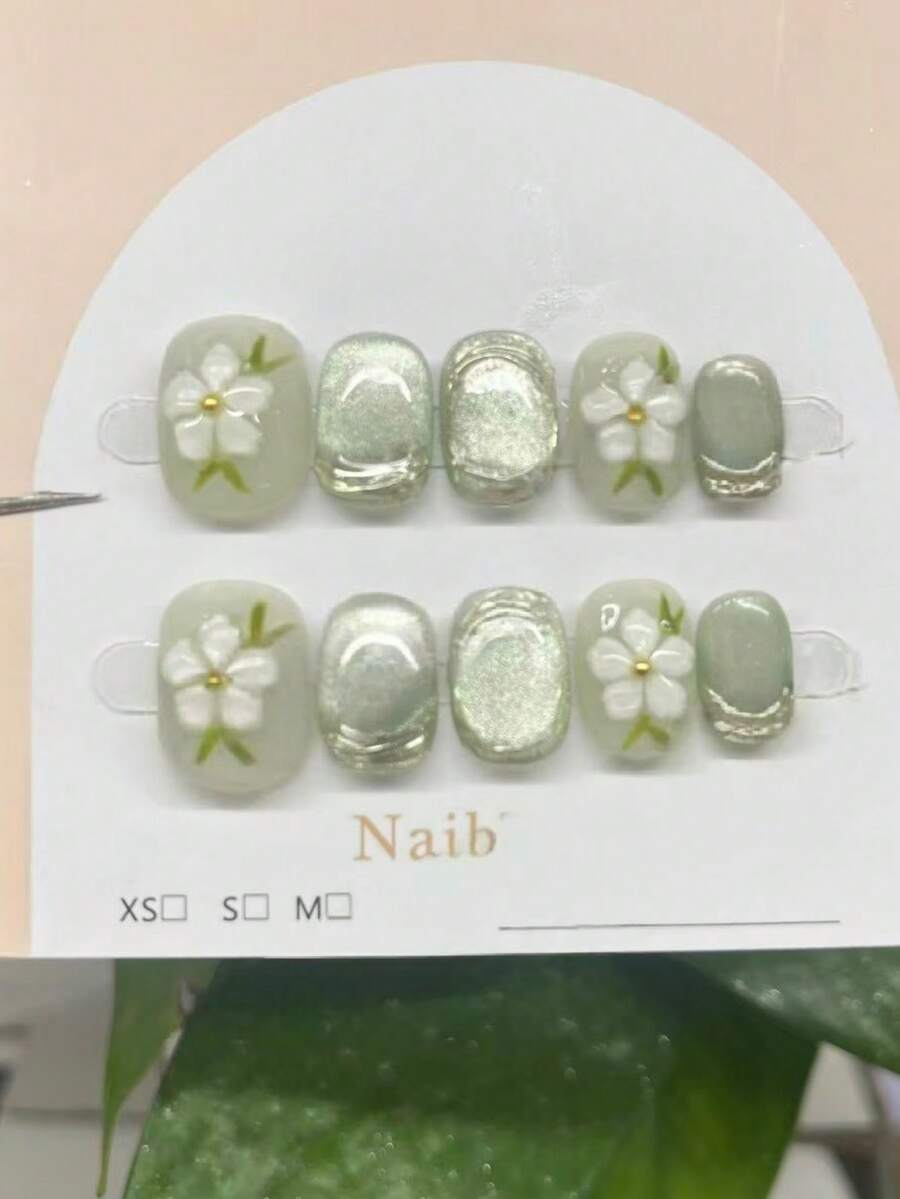 10 件手工制作的椭圆形指甲，绿色自然主题，彩绘花卉设计，可拆卸和重复使用，适合不同风格的女孩。 - 彩色 - 查看 1