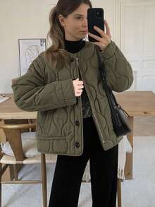 Jaqueta Acolchoada Acolchoada Feminina, Ajuste Folgado, Casual, Zíper na Frente, Gola Redonda com Bolsos, Casaco de Outono e Inverno