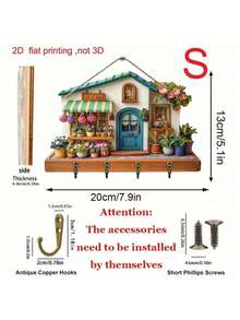 2D flach, 1 Stück, bunte Holz Blumen Stadt Multifunktions Schlüsselhalter Rack (30 cm x 23 cm), (20 cm x 13 cm) zwei Größen, mit 4 Metallhaken - 2D Flachdruck, Wanddekoration, Eingangsbereich Dekoration, Raumdekoration, Villa Dekoration, Ganzjährige Heimdekoration Küchendekoration