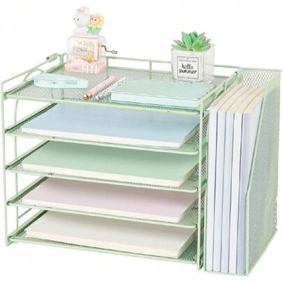 Green Desk Accessories Organizer,5-Tier Letter Tray Paper Organizer With Adjustable File Holder, Desktop Office Desk Accessories For Office Supplies,24329149