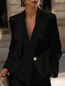 Women's Elegant Solid Color Satin Lapel Single-Breasted Cinched Waist Office Blazer, Spring/Autumn - Black - View 5