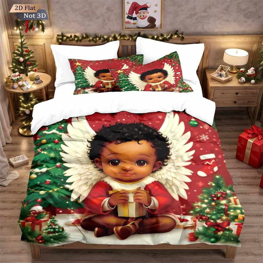 3 PiecesChristmas-Themed Quilt Set,(1 Set +2 Pillowcases, No Core) Printed With The Image Of A Black Cherub With White Wings, Surrounded By Christmas Trees, Christmas Socks, Stars And Other Elements, Suitable For Your Sleep All Year Round. Comfortable Experience