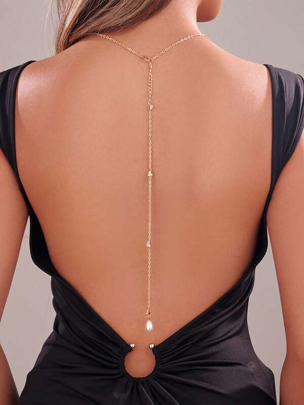 1pc Elegant Rhinestone Water Drop Chain Necklace, Minimalist Faux Pearl Pendant Body Chain, Versatile For Women