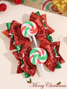 2PCS Merry Christmas Glitter Bow Hair Clip Cute Lollipop Decoration Shiny Party Children Kids Hair Accessories