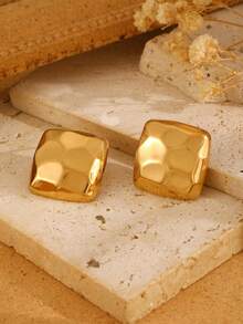 1 Pair Elegant Fashionable 18K Stainless Steel Versatile Square Smooth Textured Metal Earrings, Women Stud Earrings, Suitable For Daily, Party, Holiday Wear, Women Jewelry