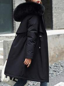 女士冬季休闲通勤中长款收腰加厚兔毛内衬外套，圣诞节，外出外套 - 黑色 - 查看 3