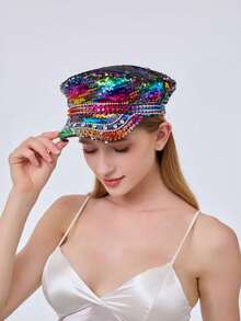 1pc Shiny Polyester Steampunk Rhinestone Captain Hat For Women & Men, Military Cap, Pirate Hat, Suitable For Halloween, Cosplay, Christmas, Bar, Bachelorette Party