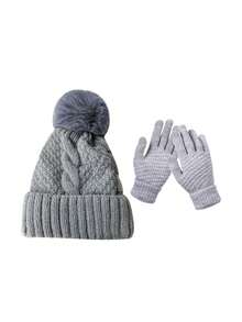 2pcs/Set Winter Knitted Beanie Hat With Thick Lining & Large Brim, Versatile Warm Solid Color Riding & Outdoor Hat And Gloves Set, European And American Style, For Women Winter Gear - Multicolor - View 13