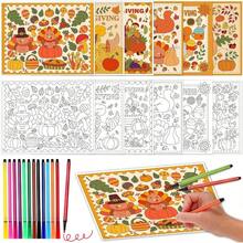 - 24 manteles individuales para colorear pavo de Accin de Gracias con 24 bolgrafos de pintura, tapete desechable de calabaza para cosecha, agradecido, aula, actividades de bricolaje, manteles - Multicolor - Ver 2