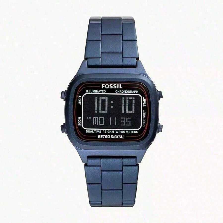 Fossil Men's Multifunctional Quartz Watch. Men's Chronograph Watch With Date Display And Alarm Function, Square Dial. Stainless Steel Strap. LCD Display. Model: FS5844, FS5897, FS5896, FS5843, FS5888 - Navy Blue - View 1