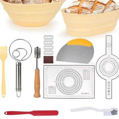 RUIFEN Bread Making Starter Set Including Proofing Basket Baking Mat Scraper Trimming Knife Flour Whisk Cleaning Brush Suitable For Bread Baking And Pastry Making