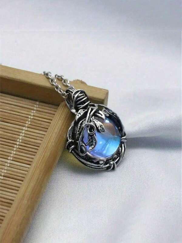 1 pezzo Collana con ciondolo in stile vintage bohémien con foglie e vite avvolte intorno a una pietra di luna, adatta per uso quotidiano o come regalo