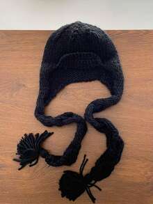 1pc Women's Cute Casual Style Fashion Handmade Knitted Aviator Hat With Long Braided Rope Decor, Heavy Craft Ear Protection, Versatile Face-Slimming Breathable Hat For Travel And Daily Wear - Solid Color - View 9