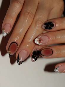 24Pcs/Set Short Oval 3D Gel Flower Brown Gradient Design French Tip Press On Nails Acrylic ,Short Nails ,Decorate With Gold Beads,Include: 1pc Jelly Glue And 1pc Nail File,Very Suitable For Woman Girl Daily Work & Rave Party Use