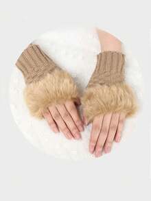 زوج من قفازات نسائية قصيرة مصنوعة من الأصابع بأساور فرو ناعمة، قفازات شاشة تعمل باللمس دافئة وأنيقة للخريف/الشتاء عيد الميلاد عطلة الشتاء ملابس نسائية + أدوات الشتاء + قفازات الدب + عيد الميلاد