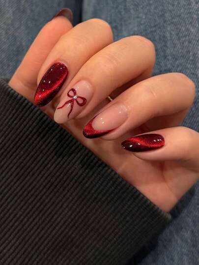 24pcs French Red Cat Eye Nail Stickers, Medium Almond Shape, Bow Decor, Reusable, Full Coverage, Minimalist Cute Style, Smooth Surface, Suitable For Women And Girls Daily Wear