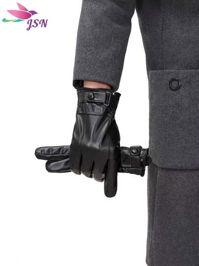 1 par de guantes de PU de unicolor y dedos completos para hombres, guantes de cordero y PU, guantes de invierno para montar a la moda para adultos, forrados térmicos, impermeables y a prueba de viento