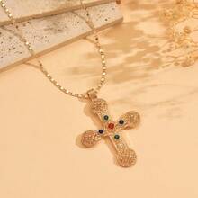 1pc European & American Ins Style Alloy Colorful Gemstone Cross Pendant Necklace, Suitable For Women's Daily Wear