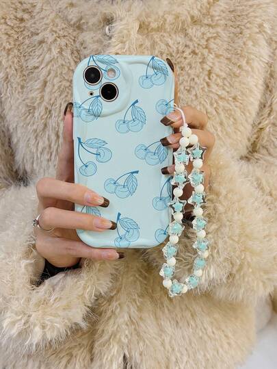 Cremefarbene Kirsche Vollbild bemalte Anti-Drop Handyhülle mit handgefertigter Perlenkordel, kompatibel mit iPhone P11, P12, XR, 7/8, GES2, XS, P15, P16, P16 Pro Max, S25, S25+, S24, A04, A12, A13, A14, A23, A24, A32, A33, A51, A52, A53, A54, A72, 17, 17 Pro Max