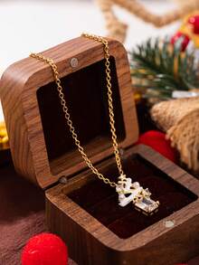 1pc Fashionable Compartment White Snowy Landscape Christmas Tree & Golden Chain Necklace, Suitable For Christmas Decoration, Jewelry For Teenagers - Multicolor - View 5