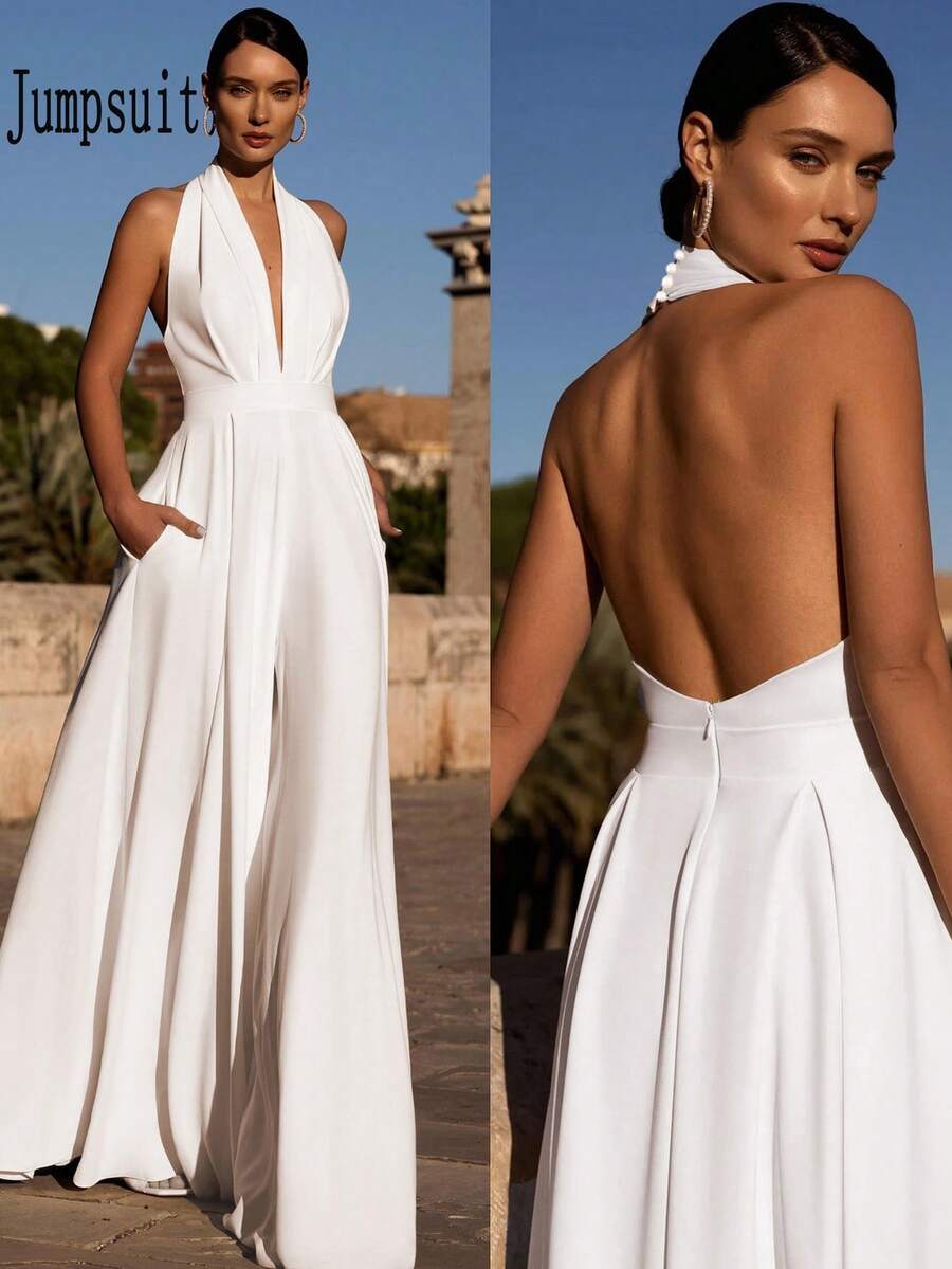 Solid Color Knit Fabric Backless High Slit Zipper Jumpsuit, Suitable For Holidays, Birthdays, Parties, Back To School, Singles' Parties, Stage And Concerts, Spring/Summer - White - View 1