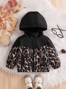 女婴简约连帽长袖夹克，豹纹拼布，仿口袋，前拉链，适合春秋季的女婴休闲外套 - 彩色 - 查看 3