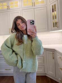 Womens Cardigans Long Sleeve Open Front Knitted Cardigan Button Round Neck Sweater Lightweight Solid Color Jumper - Verde - Ver 2
