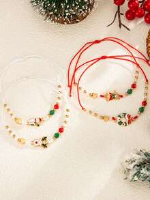 4 piezas Pulsera ajustable con cuentas de reno y Papá Noel de estilo navideño, set de accesorios minimalistas con campana y corona, decoración navideña